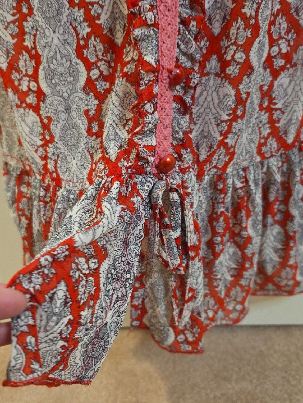 Red Printed Short-Sleeve Button-Front Peplum Blouse - Picture 6 of 11